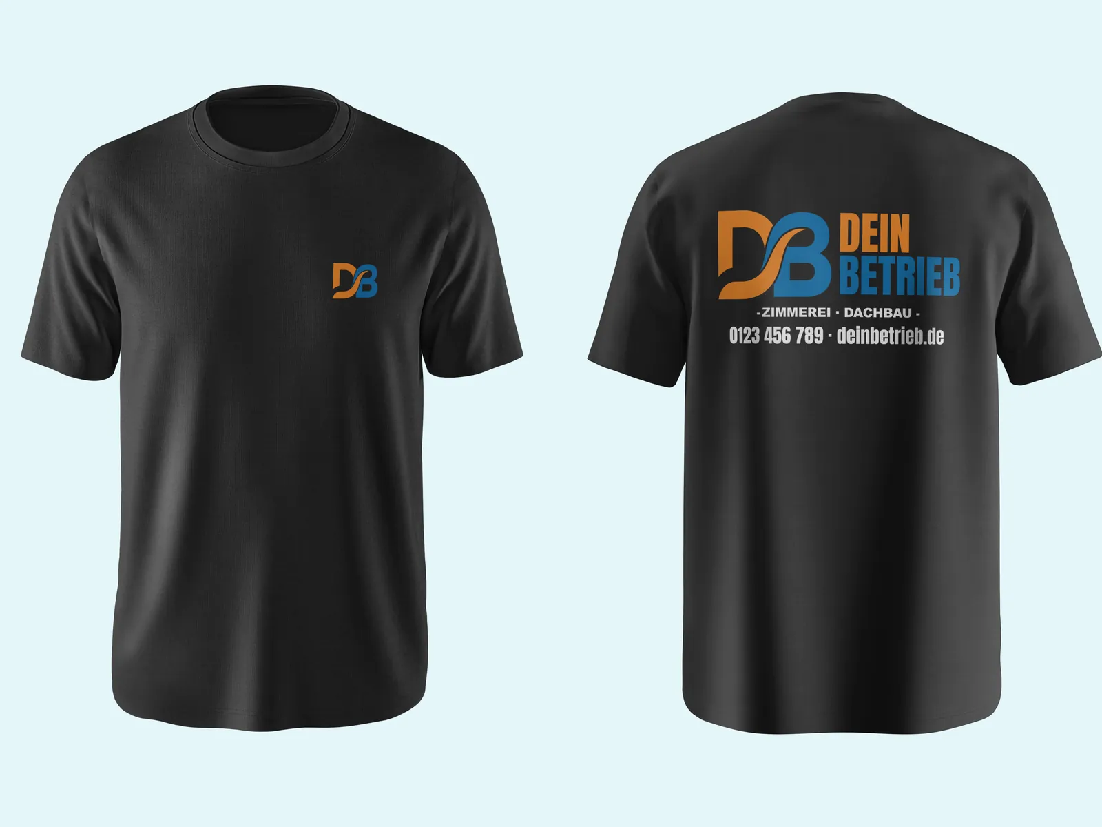 Beispielmotiv: T-Shirt mit Firmenlogo auf Brust und Rücken für einen Handwerksbetrieb