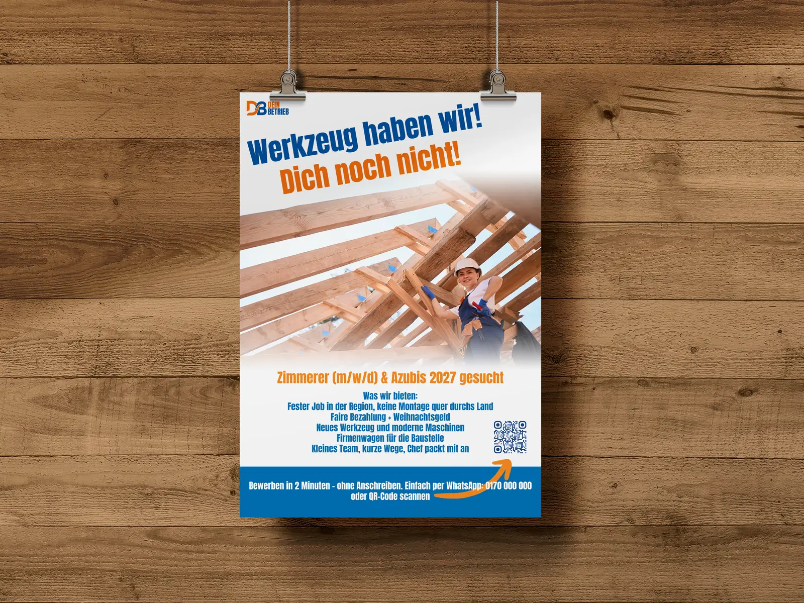Beispielmotiv: Stellenplakat eines Handwerksbetriebs an einer Holzwand