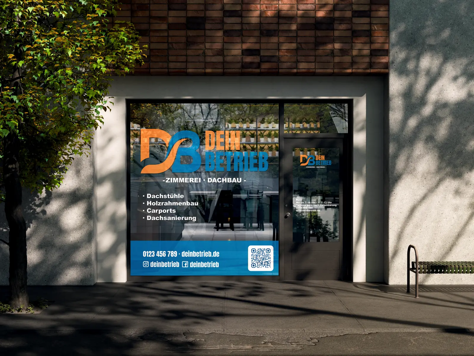 Beispielmotiv: Schaufenster- und Türbeschriftung mit Öffnungszeiten