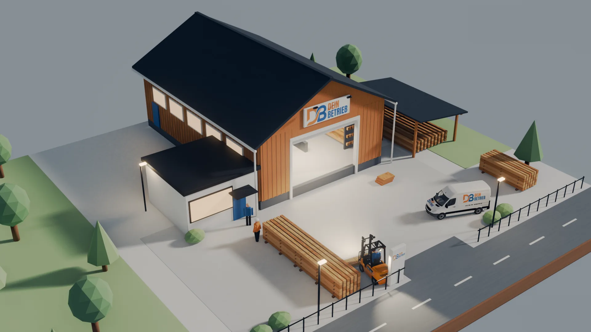 Unsere Abbundhalle mit Holzlager, Stapler und Firmenwagen