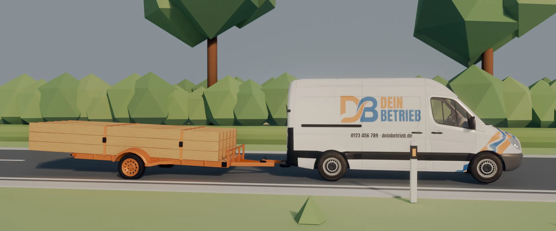 Unser Sprinter bringt den abgebundenen Dachstuhl auf dem Anhänger zur Baustelle